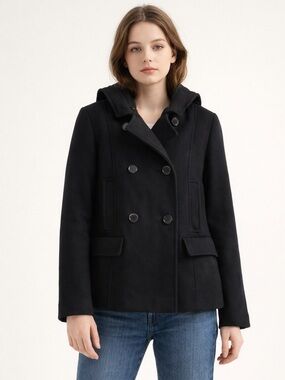 Kate Spade Black Wool Blend Hooded Double-Breasted Peacoat Jacket Size XS